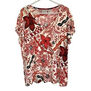 Chicos Travelers Tropical Floral Blouse Top Sz 3 XL V Neck Vacation Jersey Knit